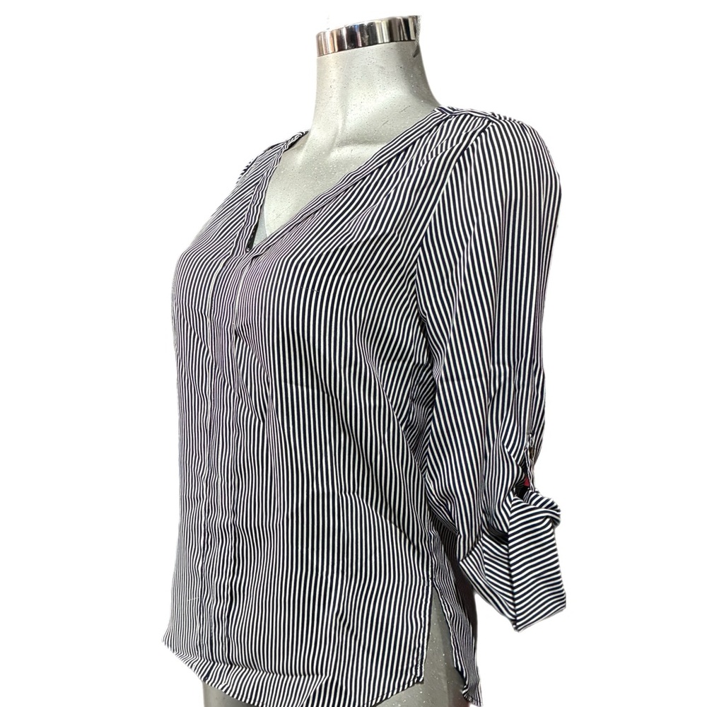 Zara Office Navy/White Striped Blouse Top Roll-tab Sleeve V Neck Medium Office